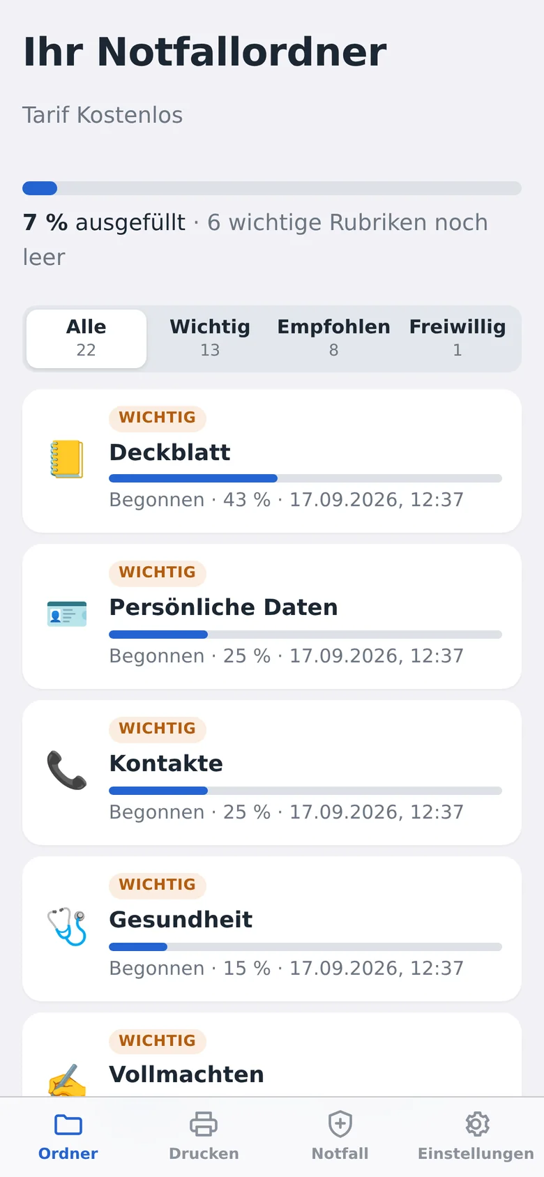 Übersicht der App Mein Notfallordner mit Rubriken und Fortschritt